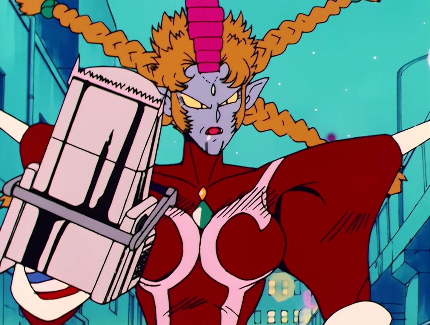 Mitsuami, a Youma from Sailor Moon episode 36. She has a gray, vaguely robotic-looking face, and a red body with enormous shoulders. Her hair is orange and frizzy with sideburns, and styled into four rigid pigtails that are sticking out from her head. Her arm is a giant electric razor.